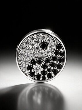 Sparkling Yin Yang Black & Clear Crystal Charm, Sterling Silver Jewelry